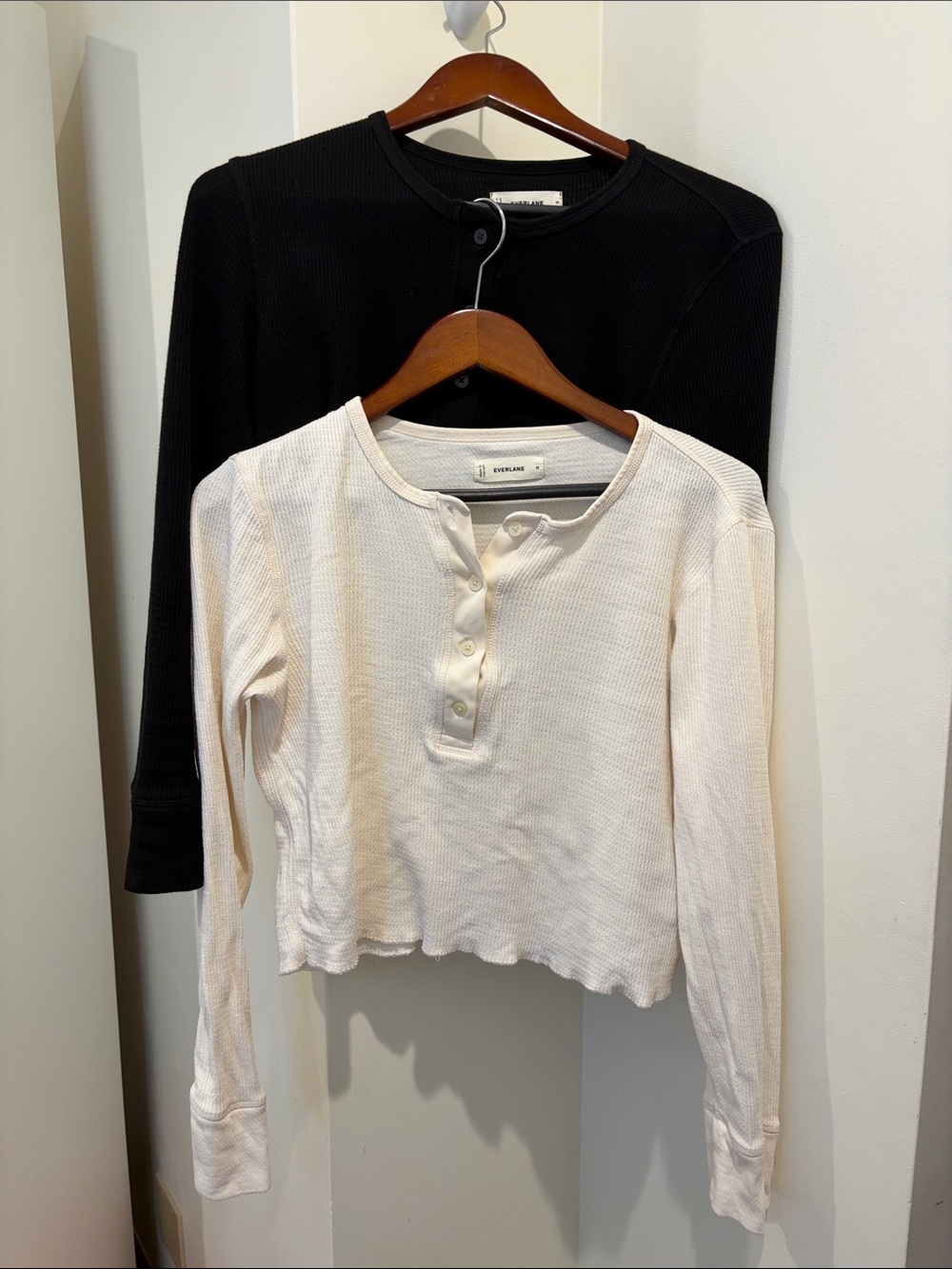 Everlane Women’s Long-Sleeve Boxy Thermal Henley Tops in Black & Cream